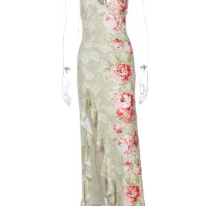 Elegant Backless Print Deep V Neck Sleeveless High Split Maxi Dress